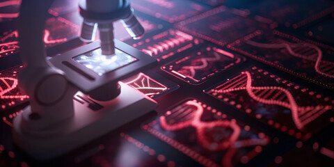 Microscope laboratory digital screen DNA research futuristic technology science innovation glowing—A modern laboratory scene with microscope examining digital screen displaying DNA strands