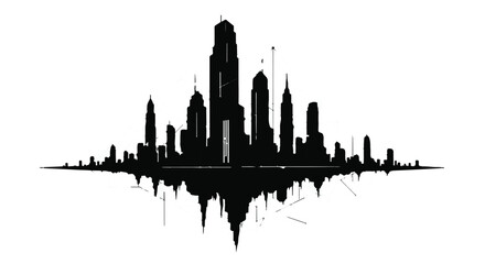 Obraz premium Dramatic black and white cityscape silhouette with symmetrical reflection