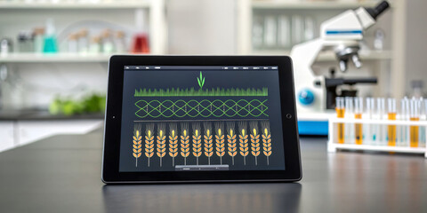 Tablet displaying crispr gene editing simulation on wheat, laboratory background, scientific research, biotechnology innovation, agricultural technology, modern genetics