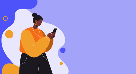 A modern woman uses her smartphone for communication and digital tasks, highlighting connectivity, technology, and online interaction for business or lifestyle content.