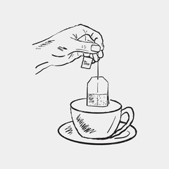 Hand-drawn sketch of a hand holding a tea bag over a cup, preparing a hot beverage. Vintage vector sketch illustration in crayon trendy style. Tea ceremony, cafe design, hot drink