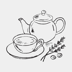 Hand-drawn sketch of a tea set with a teapot, cup, and fragrant herbs, creating a cozy and rustic atmosphere. Vintage style vector sketch crayon illustration. Cafe menu design, restaurant concept