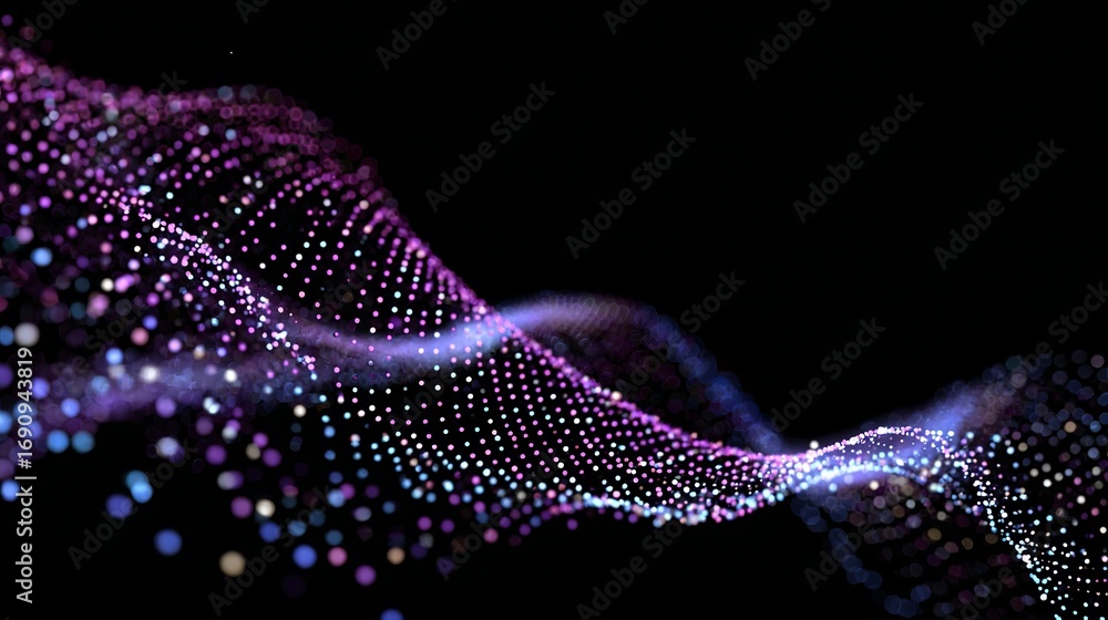 Poster abstract flowing digital wave particle visualization on black background showcases futuristic techno