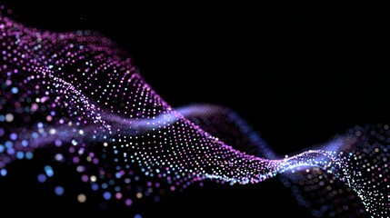 Abstract flowing digital wave particle visualization on black background showcases futuristic technology and vibrant light.