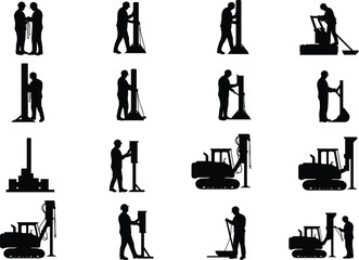 Silhouette collection of construction workers and heavy machinery operating pile drivers, foundation drilling, and site preparation equipment in industrial building and civil engineering projects