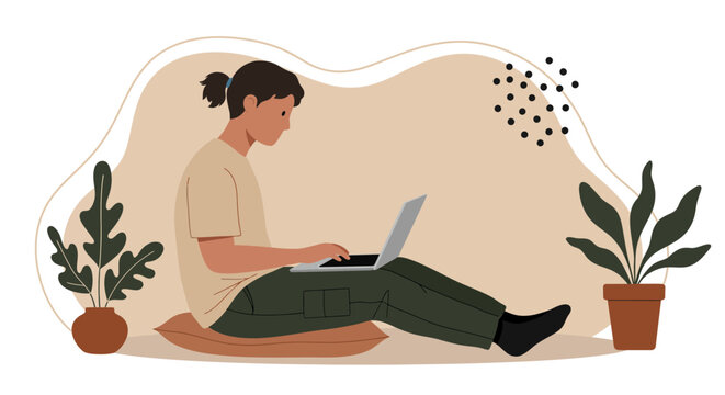 Relaxed individual working on a laptop from home, ideal for showcasing remote work, online learning, or digital freelancing lifestyle concepts.