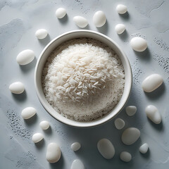 Obraz na płótnie Canvas Top view of a white bowl filled with coarse sea salt surrounded by smooth white stones