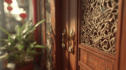 Ornate wooden door, intricate carvings, golden handles, sunlight filtering through