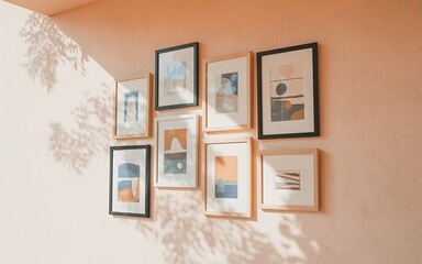 Elegant Gallery Wall with Abstract Art Prints in a Modern Interior Design Featuring Natural Light and Soft Peach Wall Color
