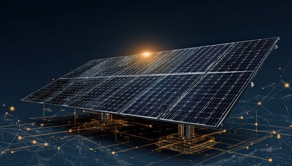 Futuristic solar panel array, interconnected with digital network
