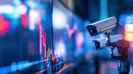 Surveillance cameras monitor data trends on digital screens in a high-tech environment with vibrant visuals