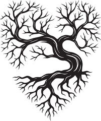 Fototapeta premium Stylized Black Heart Shaped Tree Silhouette with Intricate Branches and Roots vector illustration