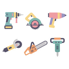 Various power tools are displayed, including a drill, saw, circular saw, cordless drill, grinder, chainsaw, and a jackhammer. The tools are depicted pastel colors.