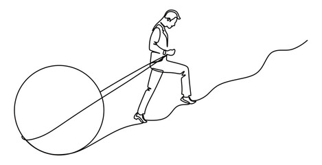 Continuous line art of a man pulling a large rock using a rope on a winding, uphill road. The concept of working hard to achieve a goal. Vector illustration.