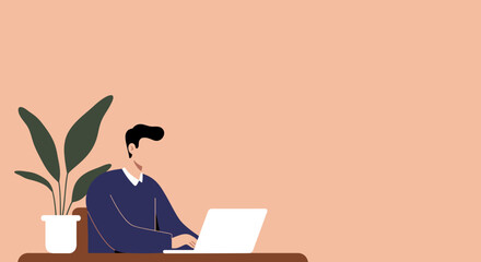 Professional man working remotely on a laptop at a minimalist desk with a plant. Ideal for concepts of productivity, freelance, home office, or online education.