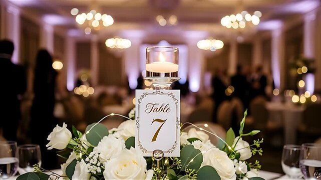 Elegant wedding reception centerpiece with a "Table 7" sign, a candle, and white rose floral decor