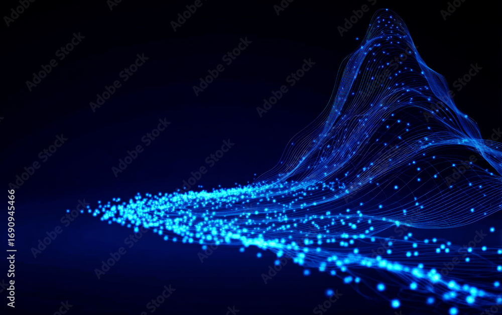 Poster Abstract Blue Digital Wave Pattern with Flowing Particles