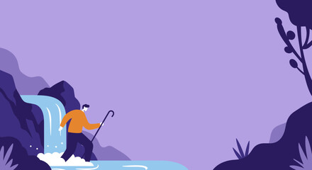 Man with walking stick wading through a waterfall stream in a natural landscape, representing adventure, journey, and exploration. Perfect for travel or lifestyle themes.
