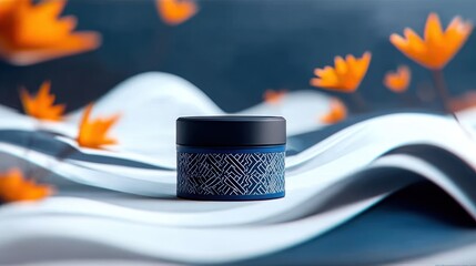 Black and blue eye cream tin on folded white paper with orange flowers, ideal for beauty blogs or product reviews.