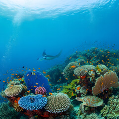 Generative AI Vibrant Coral Reef Ecosystem with Manta Coral reef Manta ray Sea turtle Underwater Ocean Marine life Fish Tropical Blue Colorful Sea Diving Snorkeling