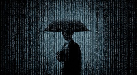 Silhouette of person under umbrella in digital rain