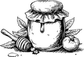Honey jar and dipper with fresh fruits rustic kitchen setting illustrative artwork whimsical style