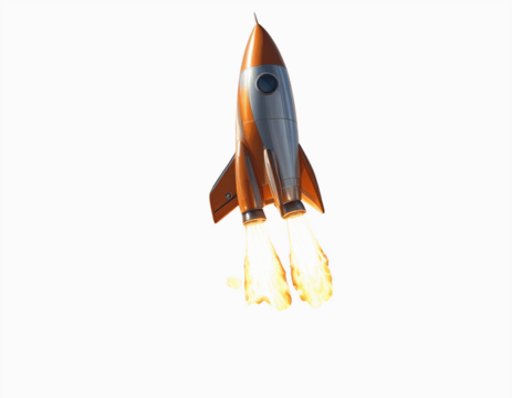 3D Rocket Launching Upward with Flame Trail, Business Startup Concept, Isolated on Transparent Background