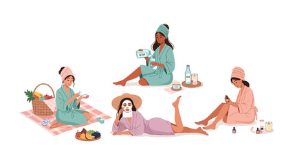 Fototapeta premium Diverse group of women enjoying a relaxing spa day outdoors with skincare products and healthy refreshments on a white background
