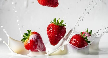 A vibrant splash of freshness ripe strawberries dancing in creamy milk, isolated on white background, creating a delightful and refreshing scene animated 4k video - Powered by Adobe