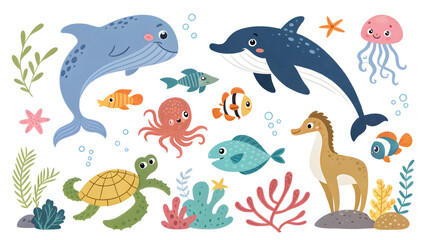 Cute cartoon marine life collection with friendly dolphin turtle octopus and seahorse under the sea vibrant colors