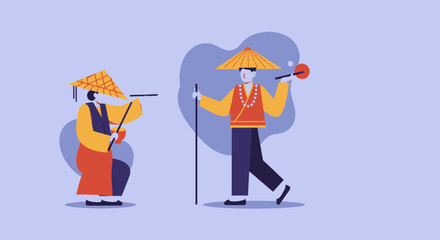 Two figures in traditional Asian attire, wearing conical hats, engaged in a cultural ritual or journey. Illustrates tradition, travel, and devotion.
