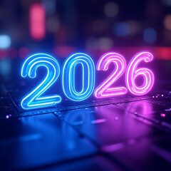 Futuristic 2026 background with neon blue and purple lights