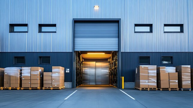 Loading dock entrance of a modern industrial warehouse with pallets of cardboard boxes stacked outside
