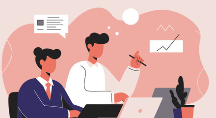 Two business professionals collaborating in an office setting, discussing ideas and analyzing growth. Ideal for teamwork, strategy, and project development.