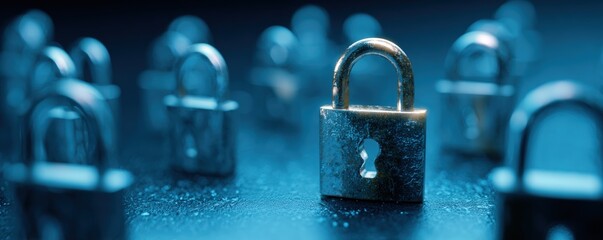 Close-up of multiple metal padlocks in a dark blue environment
