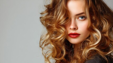 Fototapeta premium Beautiful woman with curly hair red lipstick portrait beauty fashion makeup background