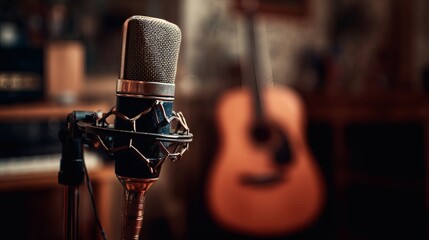 Condenser microphone with shock mount in warm home studio, acoustic guitar bokeh background