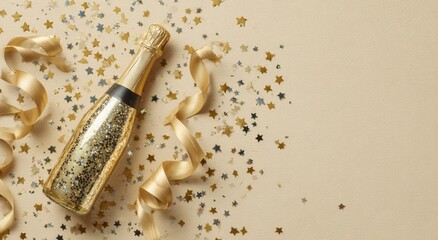 Champagne bottle with gold confetti and ribbons on a beige background