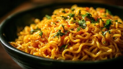 Reflected masala maggi noodles instant served in a bowl, closeup with selective focus and blur.