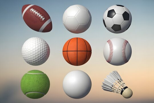 Collection of nine different sports balls and shuttlecock arranged in a grid against a softly blurred sky background representing various athletic activities