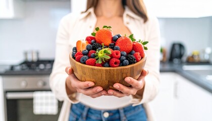 Fresh berry medley preparation kitchen food photography bright environment close-up healthy eating...
