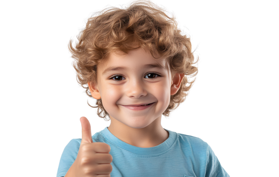 a young boy wearing a blue t-shirt, smiling and giving a thumbs up, against isolated on a transparent background.