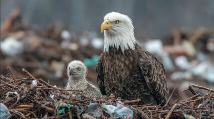 Eagle and chicks in nest amidst plastic litter highlighting environmental pollution awareness and nature conservation