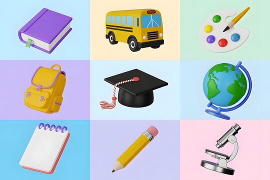 Vibrant 3d illustration of essential school supplies and educational icons arranged in a colorful grid perfect for back to school and learning themes