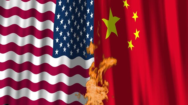 USA vs Chine : Drapeaux aux couleurs officielles flottant dans le vent pour illustrer le conflit, les rivalit&eacute;s g&eacute;o politique ou les actualit&eacute;s avec une flamme qui grandit