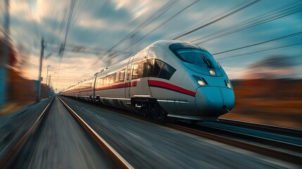 Naklejka premium High-Speed Train in Motion at Sunset