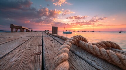 Fototapeta premium Wooden pier with thick rope leading towards calm sea with a sailboat under a bright sunset sky.