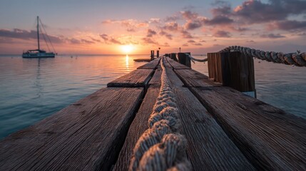 Naklejka premium Wooden pier with thick rope leading towards calm sea with a sailboat under a bright sunset sky.