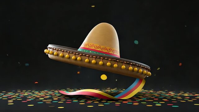 4k video of a sombrero, spinning with a colorful ribbon, against a dark background featuring confetti; 3D render, vibrant, festive mood.