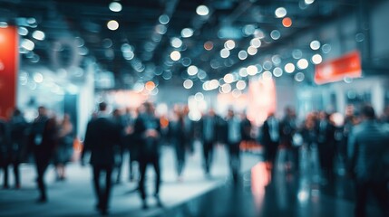 Business conference abstract showcasing networking event, technology fair, blurred people, lights, corporate design and modern atmosphere.